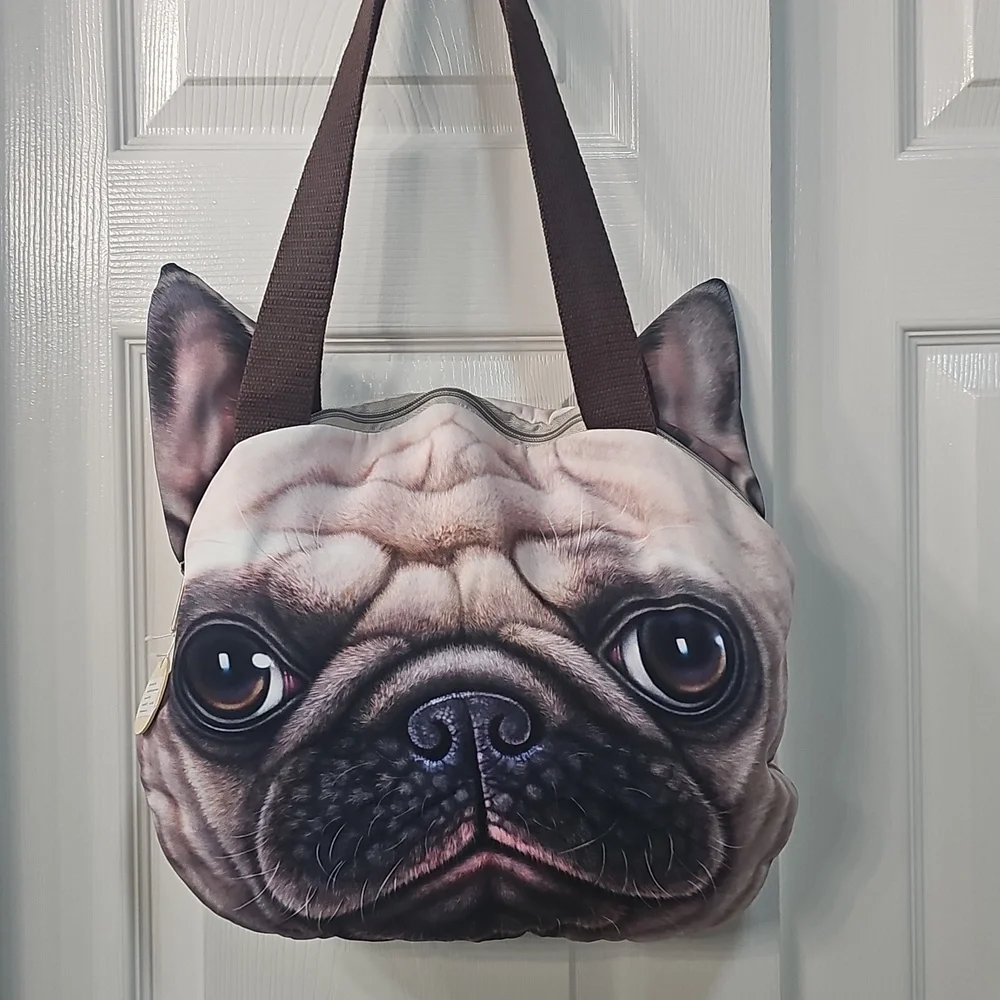 Large Cute Pug Face Dog Tote Bag Festival School Travel Unique Animal Print - Picture 7 of 9
